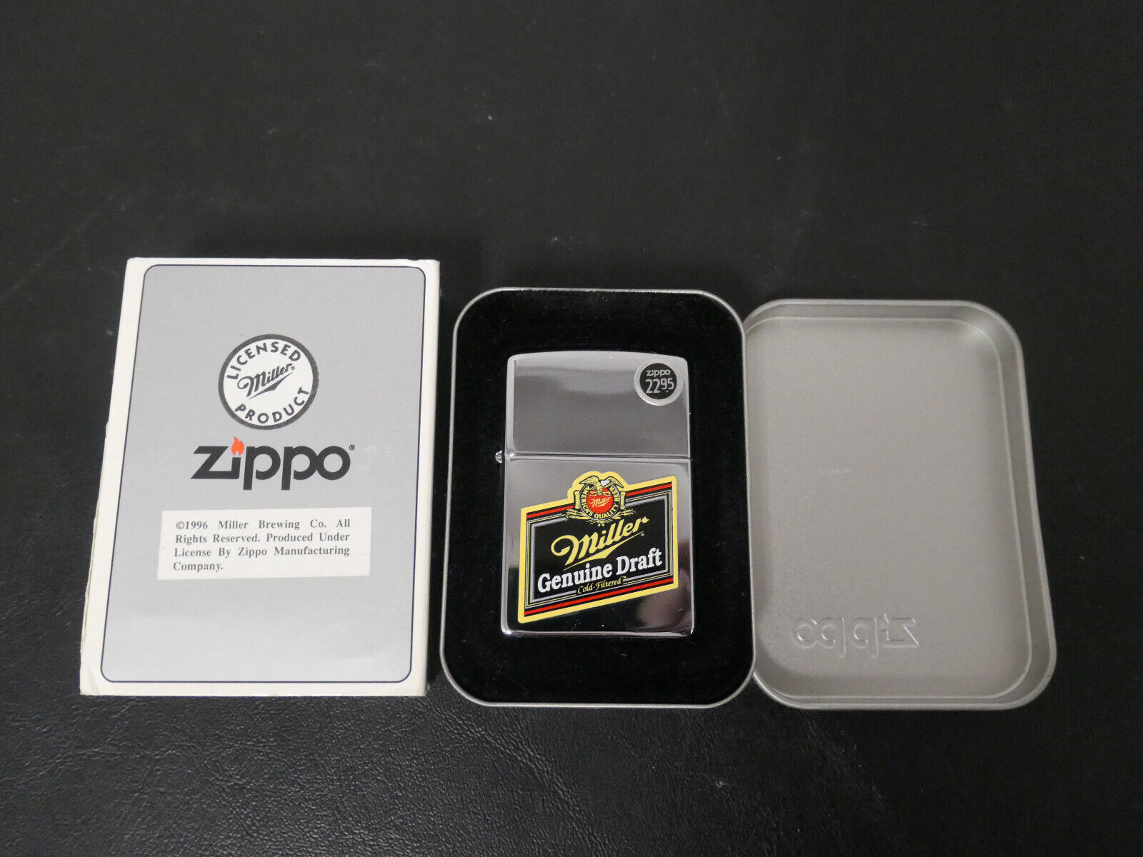 Nice 1996 Zippo Miller Genuine Draft Lighter Complete In Box. NOS 