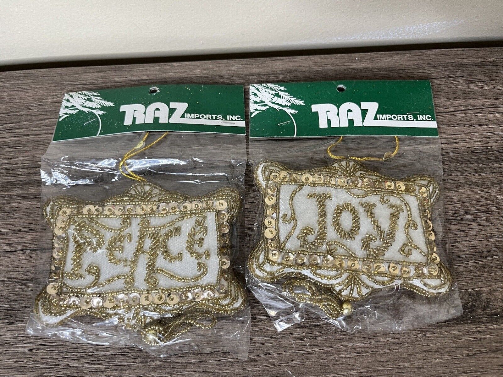 Vtg Gold Beaded Ornament Peace And Joy Set Of 2 Raz Imports 