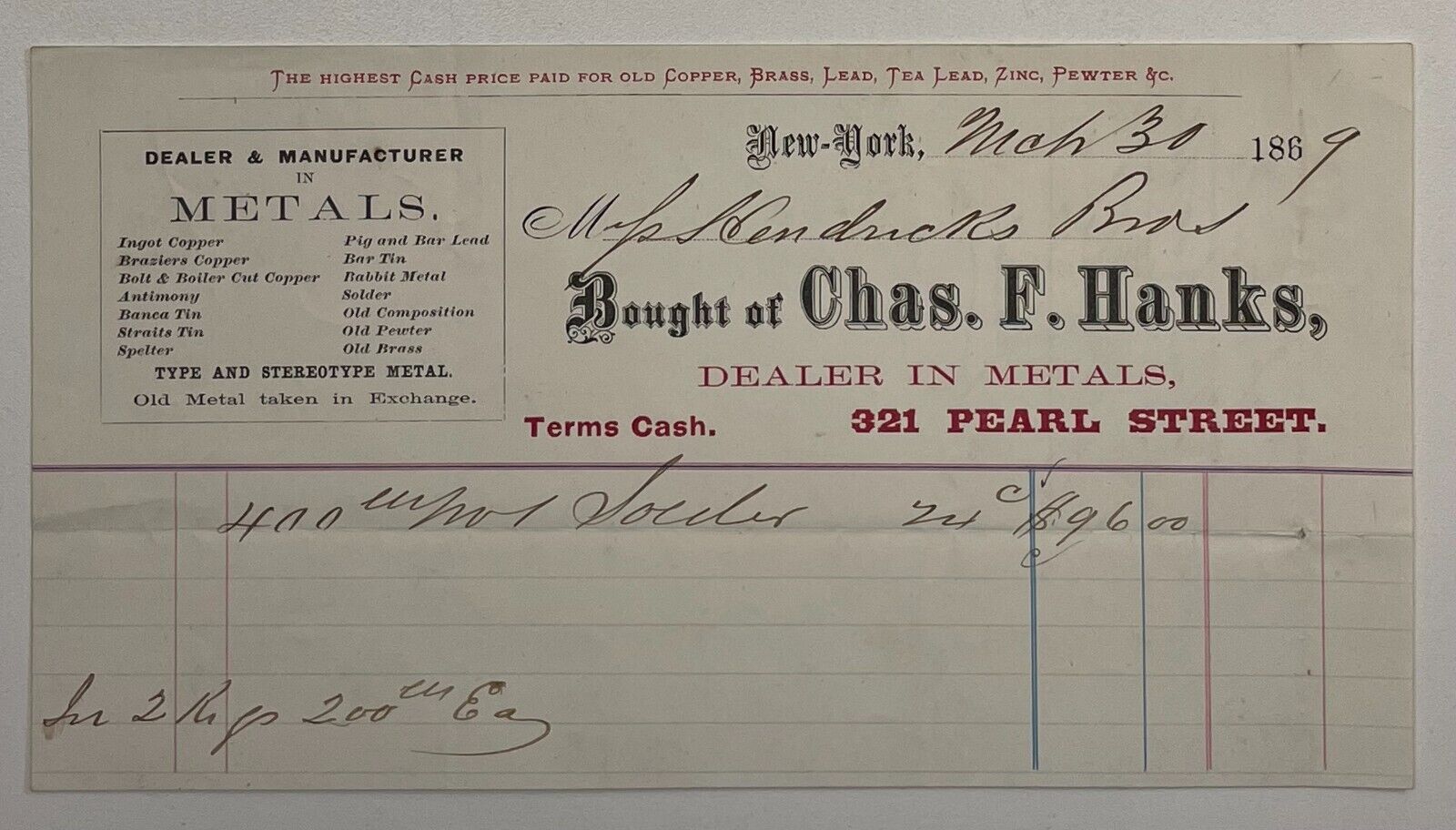 1869 Chas. F. Hanks Billhead New York