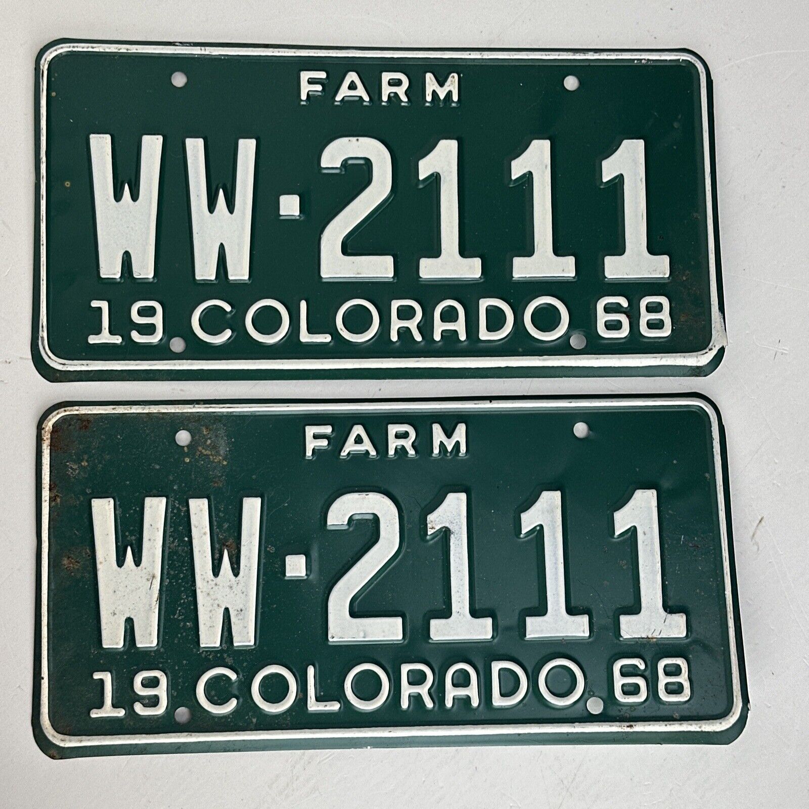 Antique Lot Pair CO Colorado Farm License Plates 1968