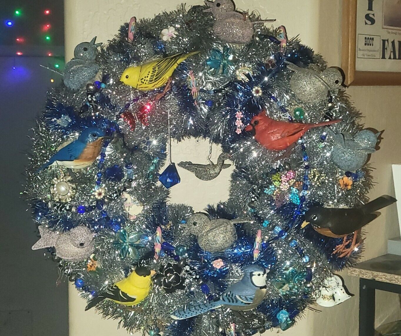 Unique Christmas Themed  Wreath Vintage Glitter,and Battery Operated Bird