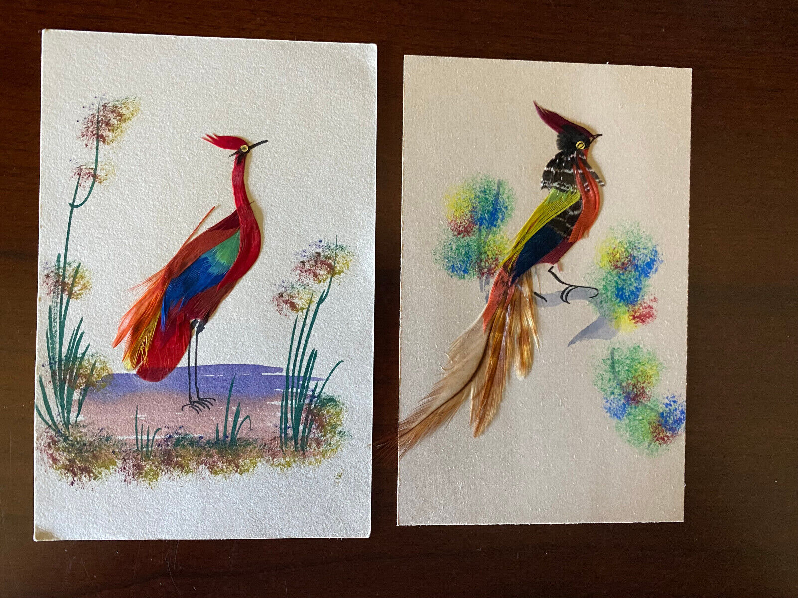 Lot of 2  Vintage Bird Paintings - Real Feathers - LOT OF 2
