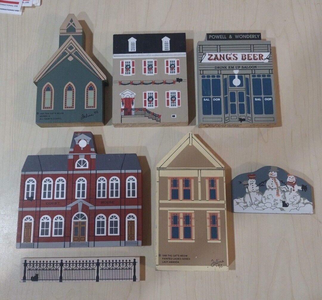 “The Cat’s Meow” Signed “Faline”,  Wooden Silhouette Buildings..17 Wooden Pieces