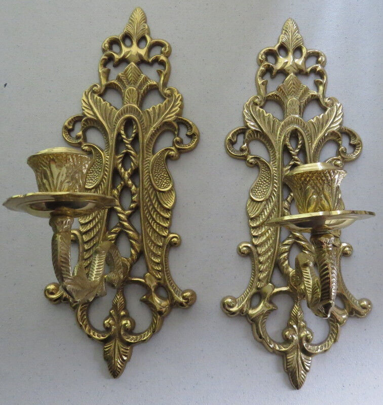 Pair of Larrge Vintage Ornate Brass Wall Sconces  Candle Holder 13x5\