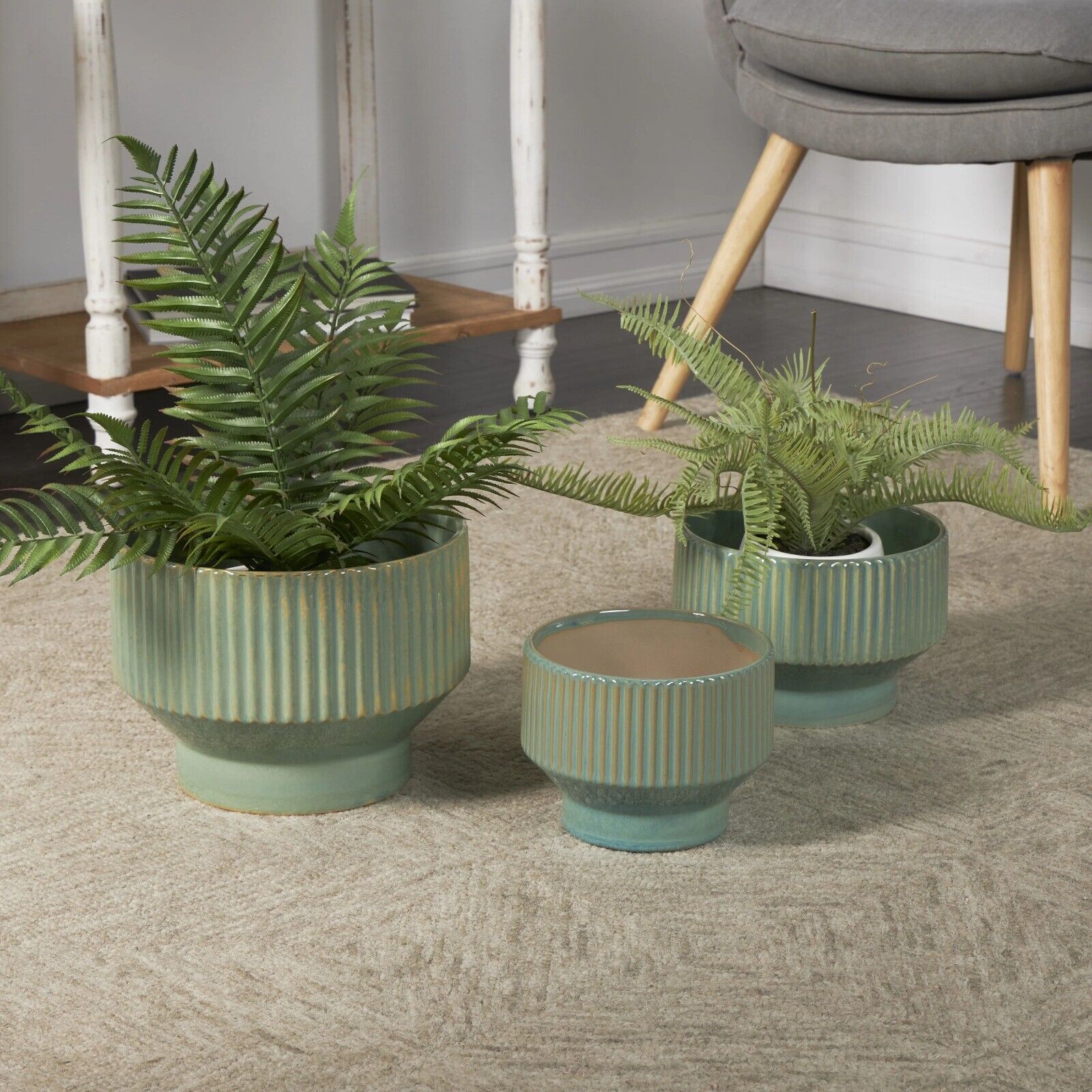 New Green Ceramic Textured Decorative Planter Pot with Linear Grooves