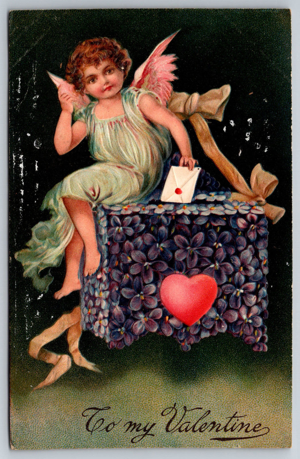 Vintage Postcard Valentines Day Embossed Cupid Red Years Letter Flowers c1913