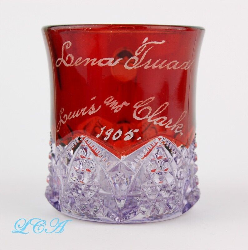 Antique LEWIS & CLARK 1905 souvenir mug RED & SUN COLORED amethyst EAPG glass #1