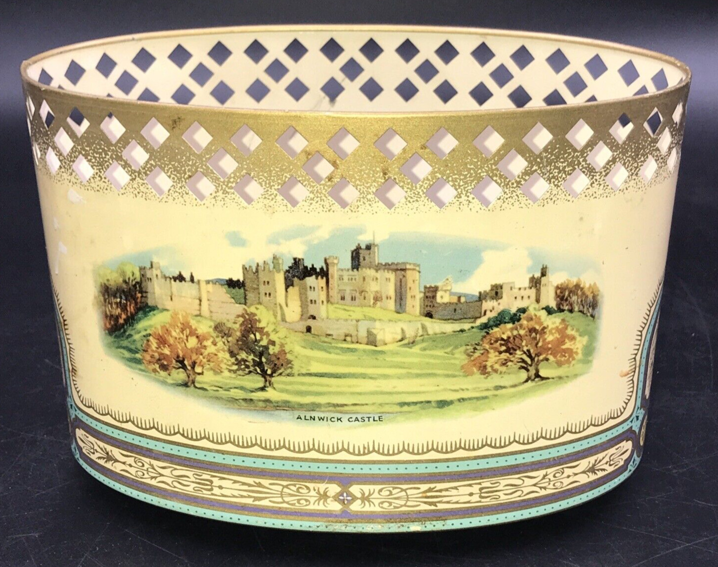 Vintage Raby & Alnwick Castle Baret Ware Regal Design Tin Desk Basket Cachepot