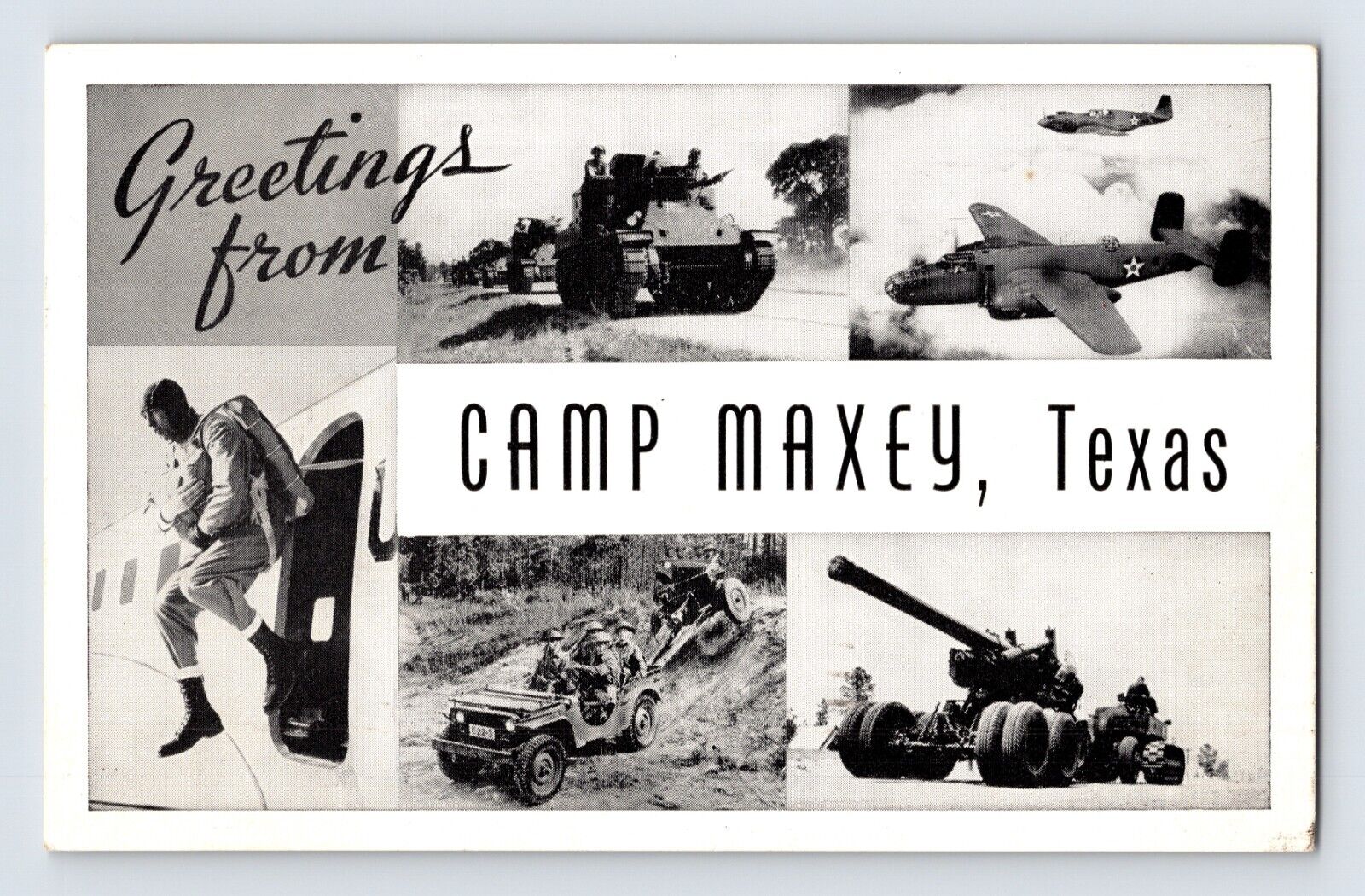 Postcard Texas Camp Maxey TX Plane Tank Air Trooper 1943 Free Military Mail