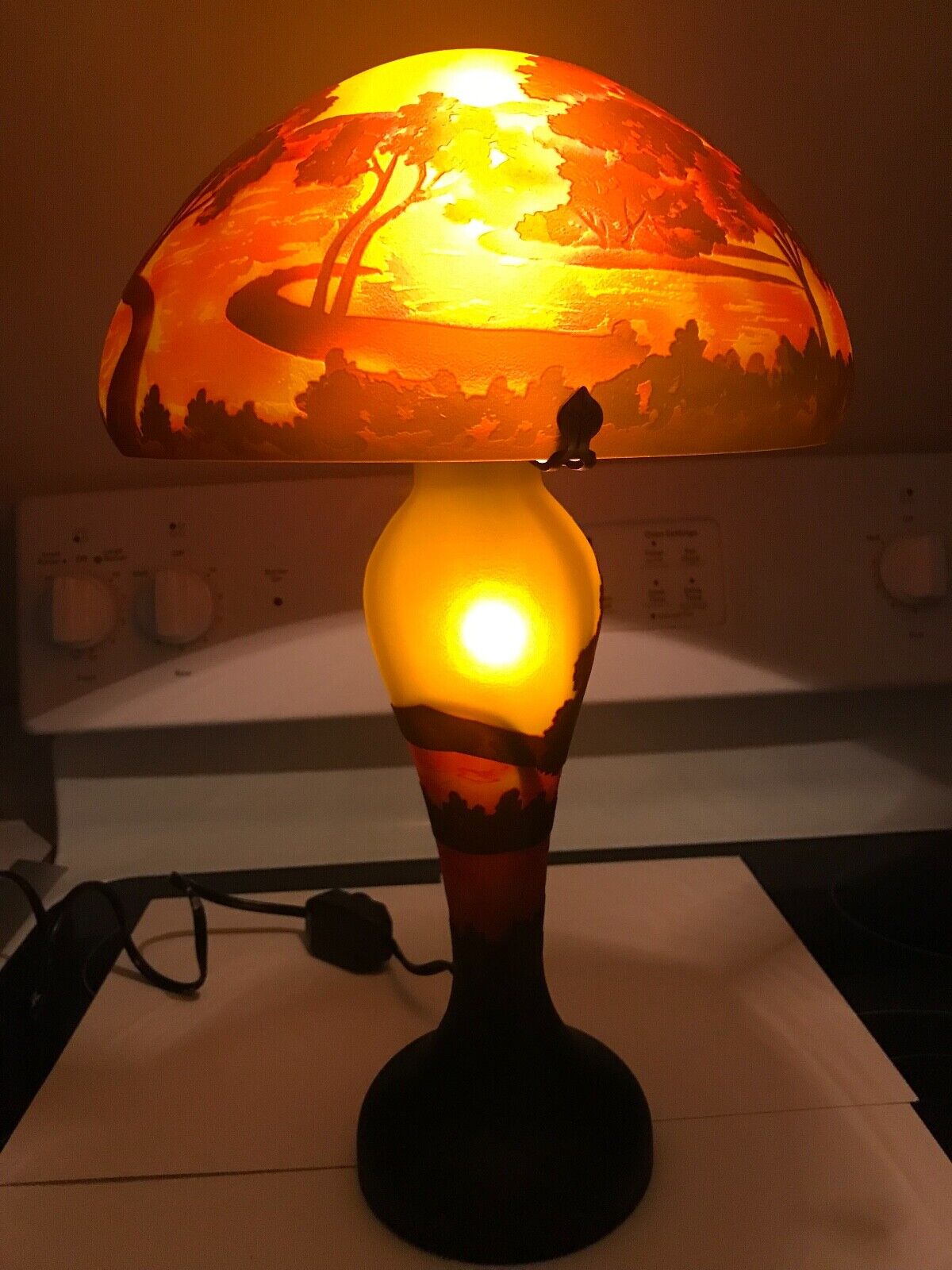 EMIILE GALLE, NEW/REPRO CAMEO GLASS LAMP, LOVELY SUNSET/FOREST/WATER SCENE