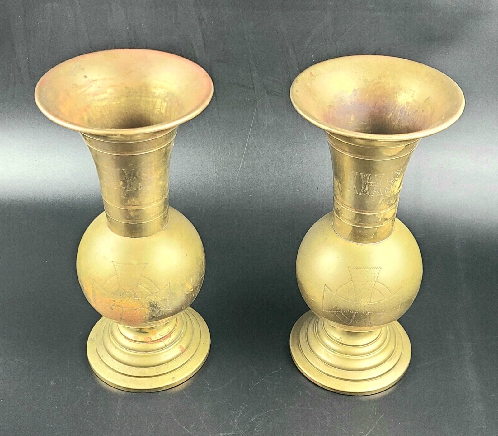 Antique  -Pair - Brass Vases with Etched IHS and Alter Cross Signs/Symbols