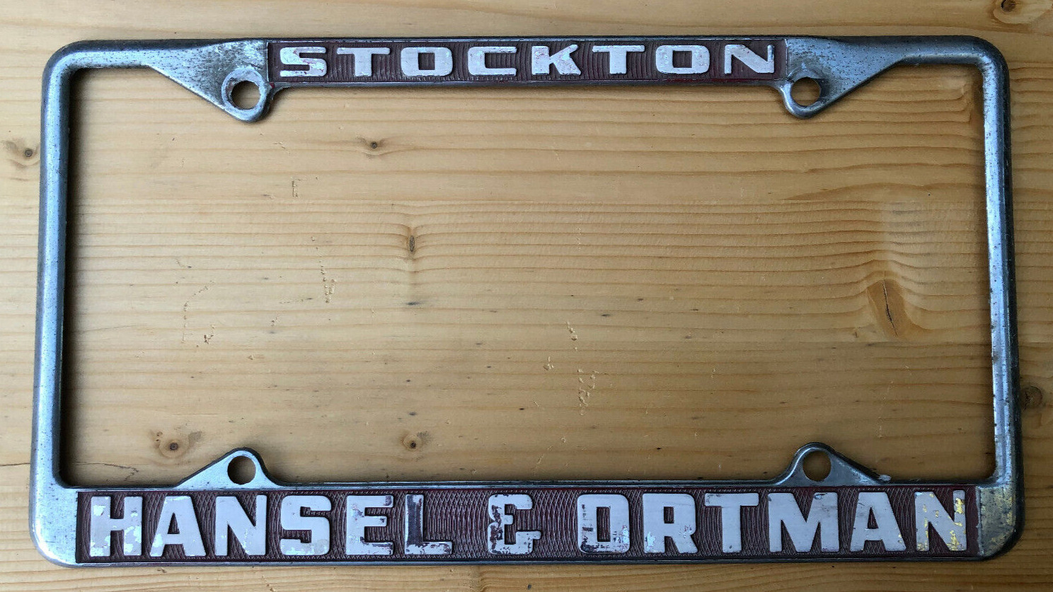 Vintage Stockton Hansel & Ortman Dealership Metal License Plate Frame California