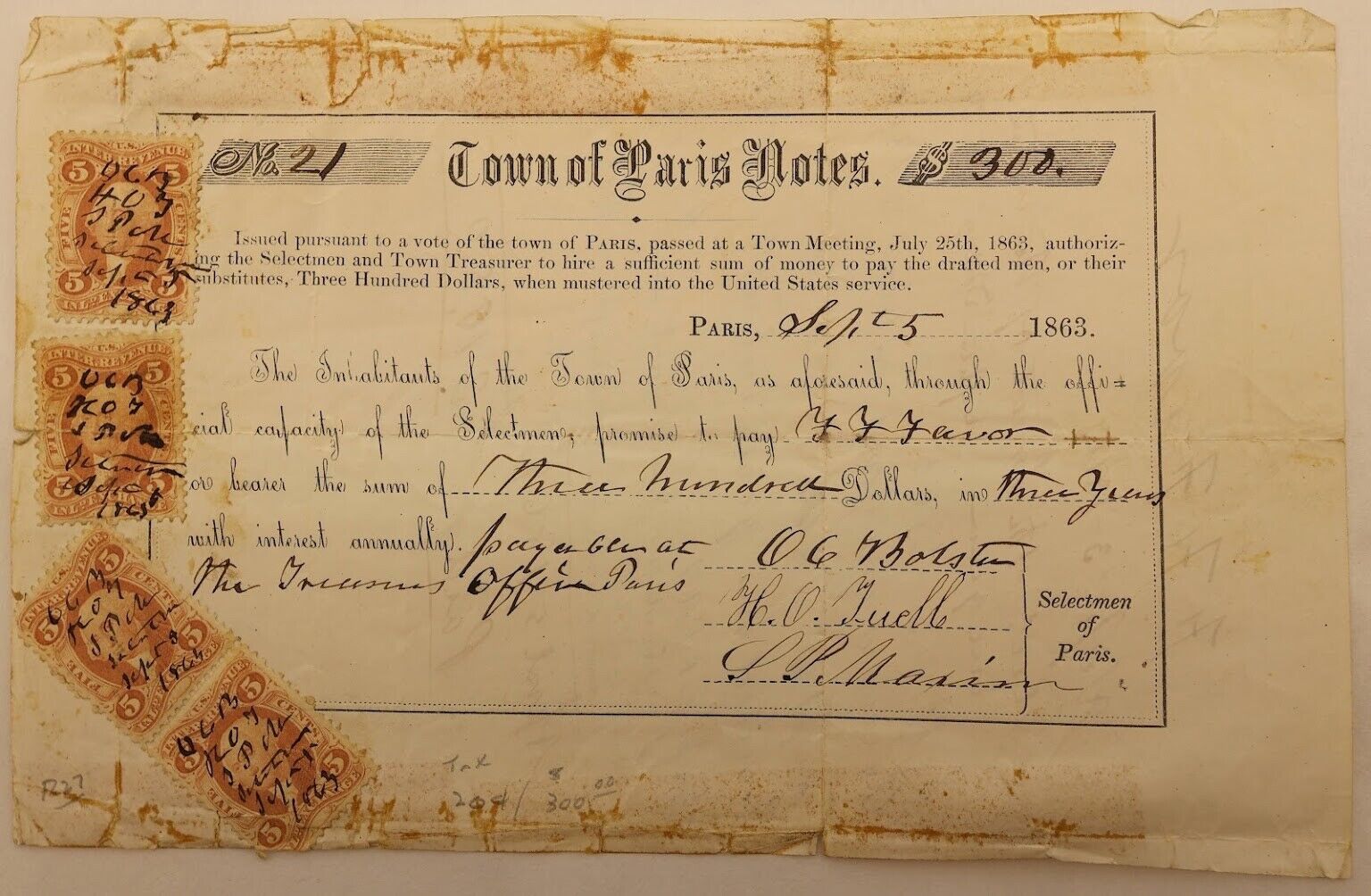 Civil War Soldier $300 Payment Voucher document Town of Paris F.F. Favor, 1863