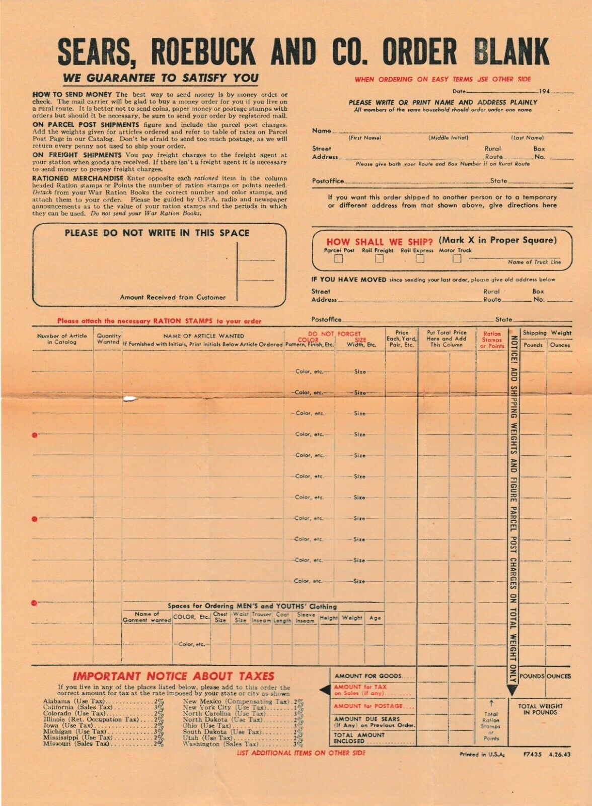 Sears Roebuck WWII 1940s Order Form Buy War Bonds Ephemera W/Envelope