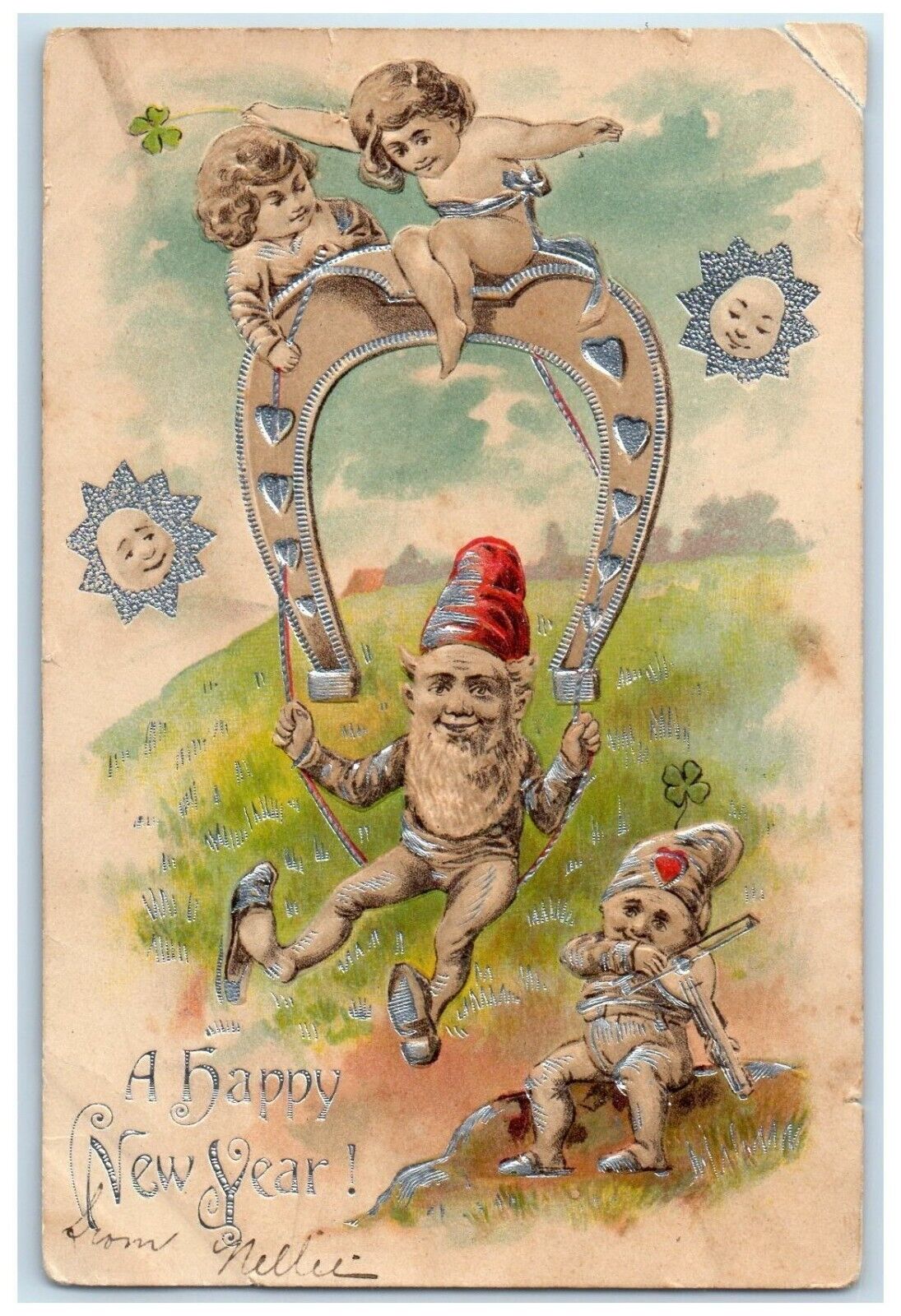 1905 New Year Elves Gnomes Playing Violin Horseshoe Embossed Antique Postcard