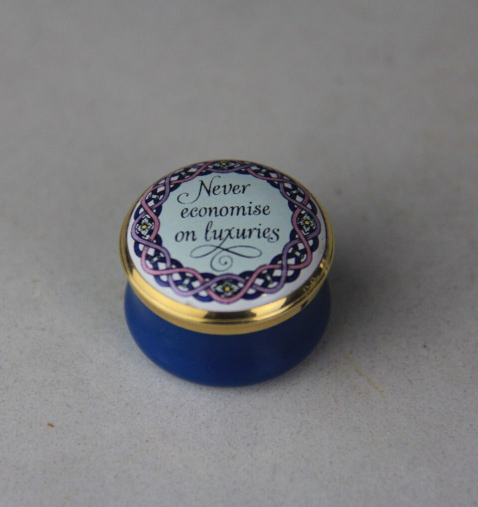 Halcyon Days Enamels Trinket Box Small Screw Top Never Economise on Luxuries