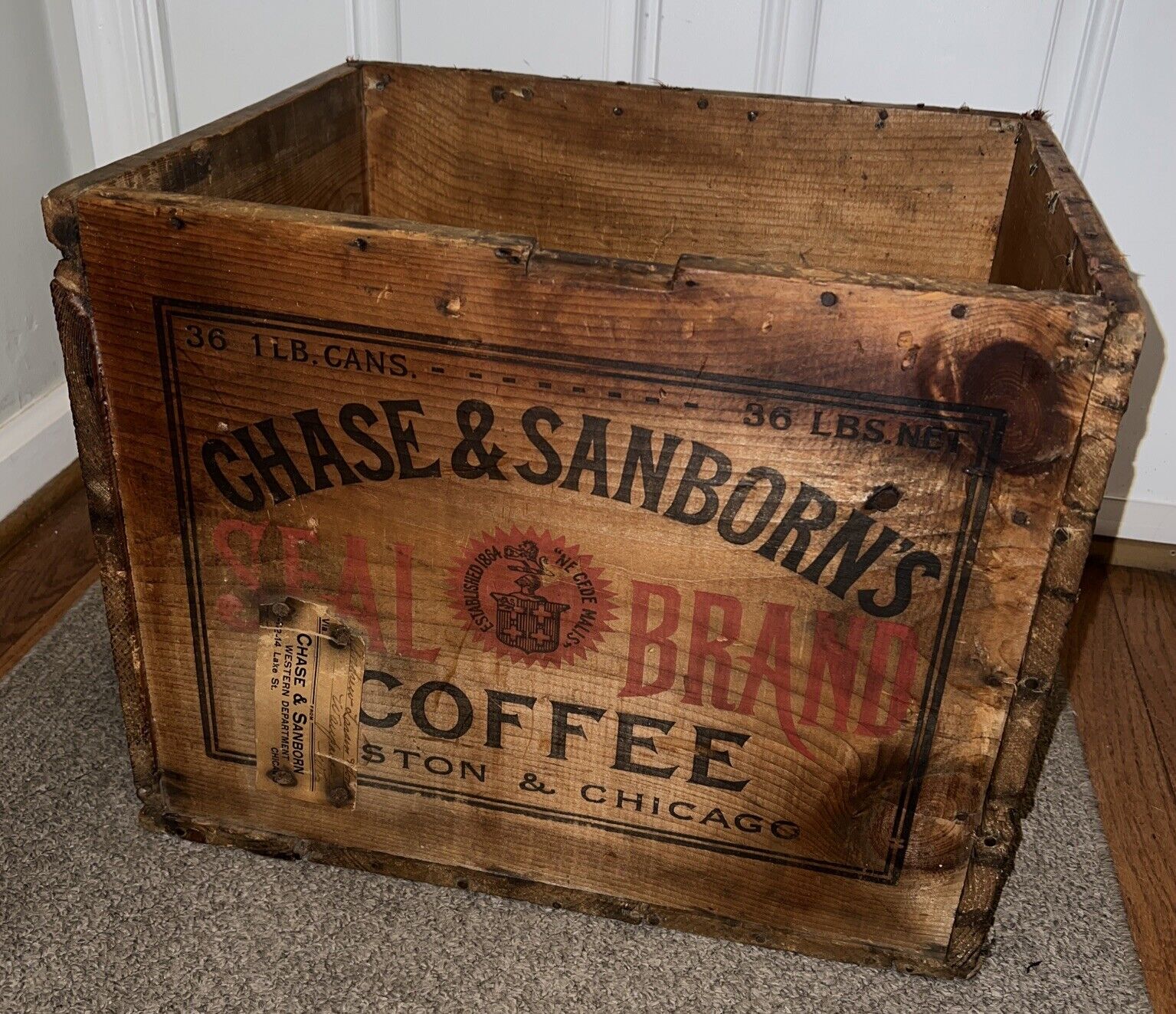 Vintage Chase & Sanborn’s Seal brand Coffee Wood Crate 19x15x15” Boston Chicago