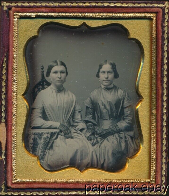 1850\'s 6th Plate Daguerreotype of Two Women Wearing Fancy Gloves