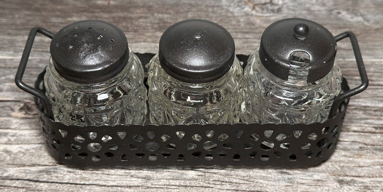 Vintage Metal & Glass Salt & Pepper Shakers w/ Toothpick Holder in Caddy