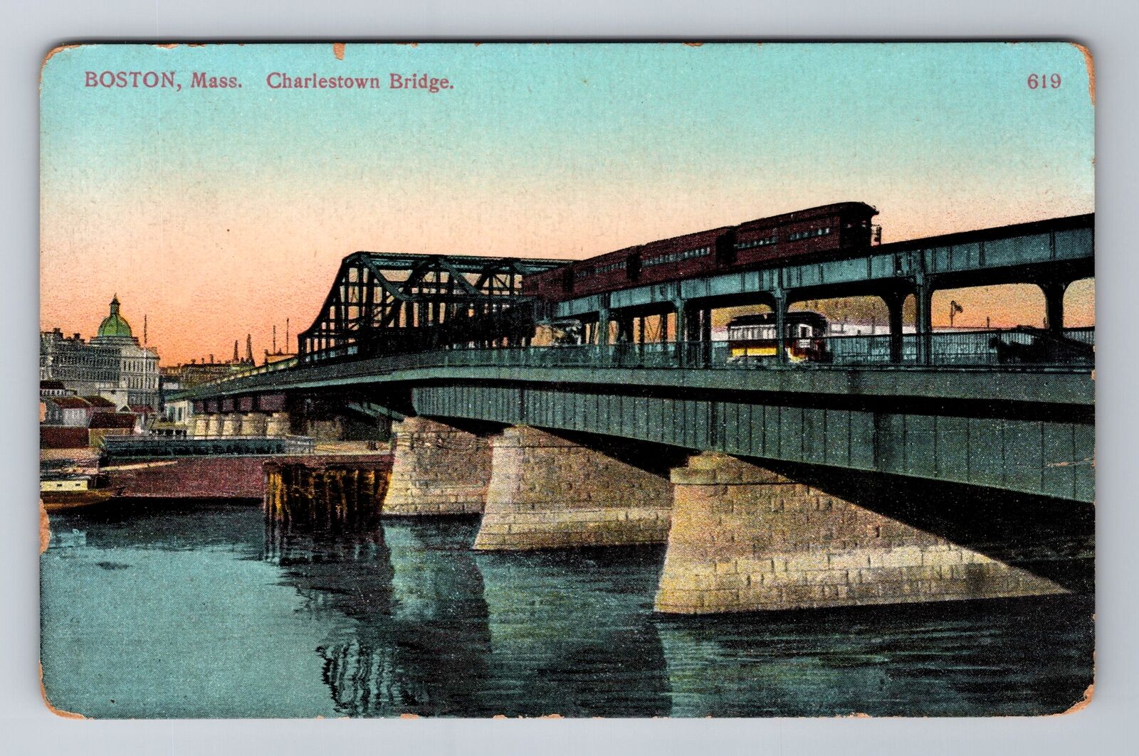 Boston MA-Massachusetts, Charlestown River Bridge, Antique Vintage Postcard