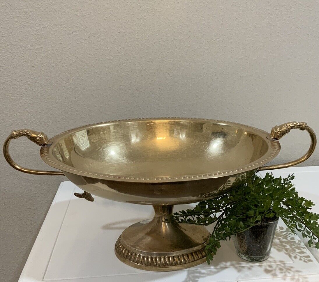 Vtg Solid Brass Ornate Pedestal Centerpiece Oval Bowl with Fish Shaped Handles