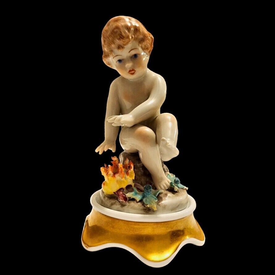 Vintage Artibus Portugal Baby Cherub Putti Warm Fire Porcelain Figurine W/ Base