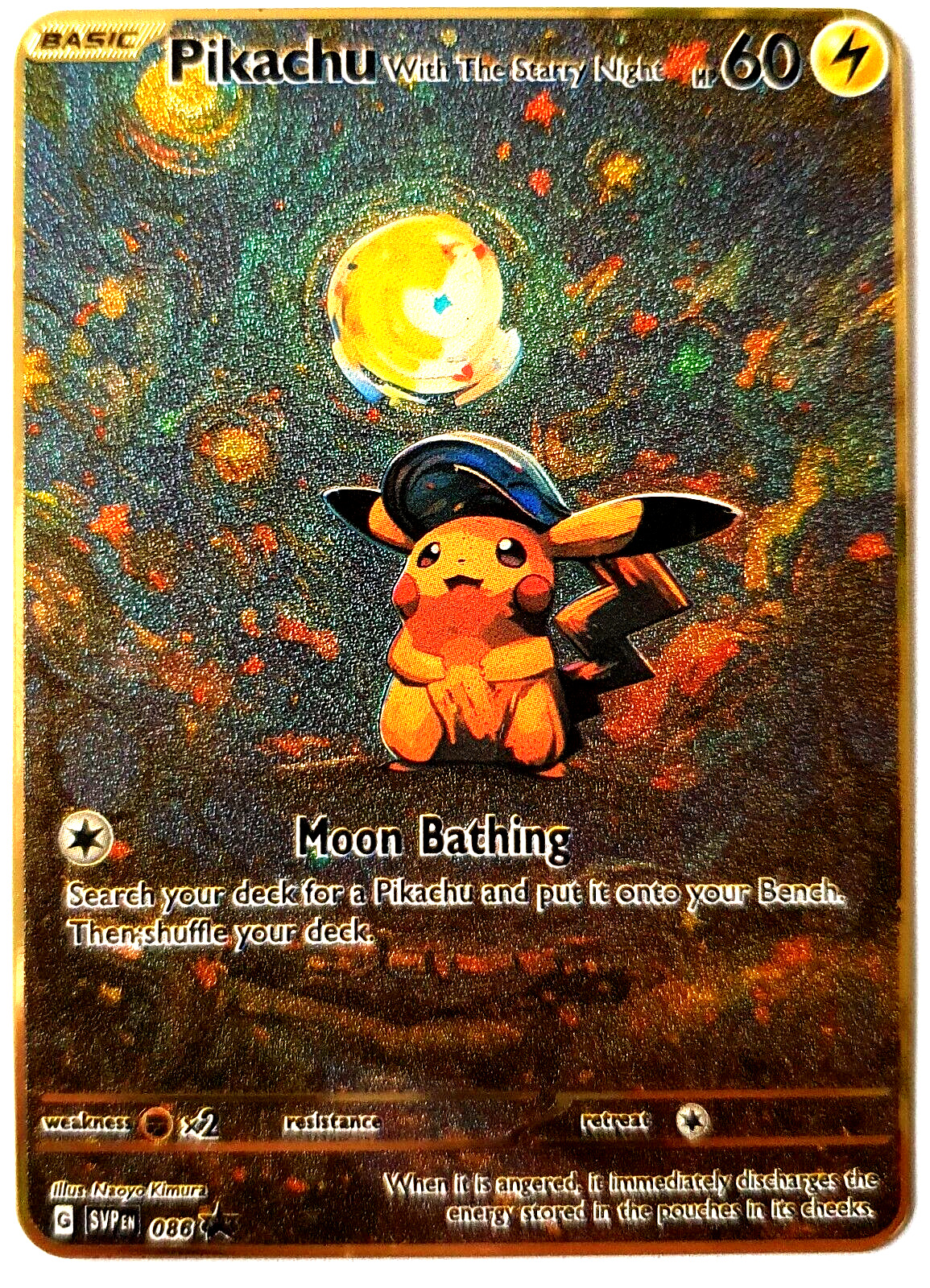 Pokemon Pikachu with the Starry Night Van Gogh Style Gold Metal FunArt Card