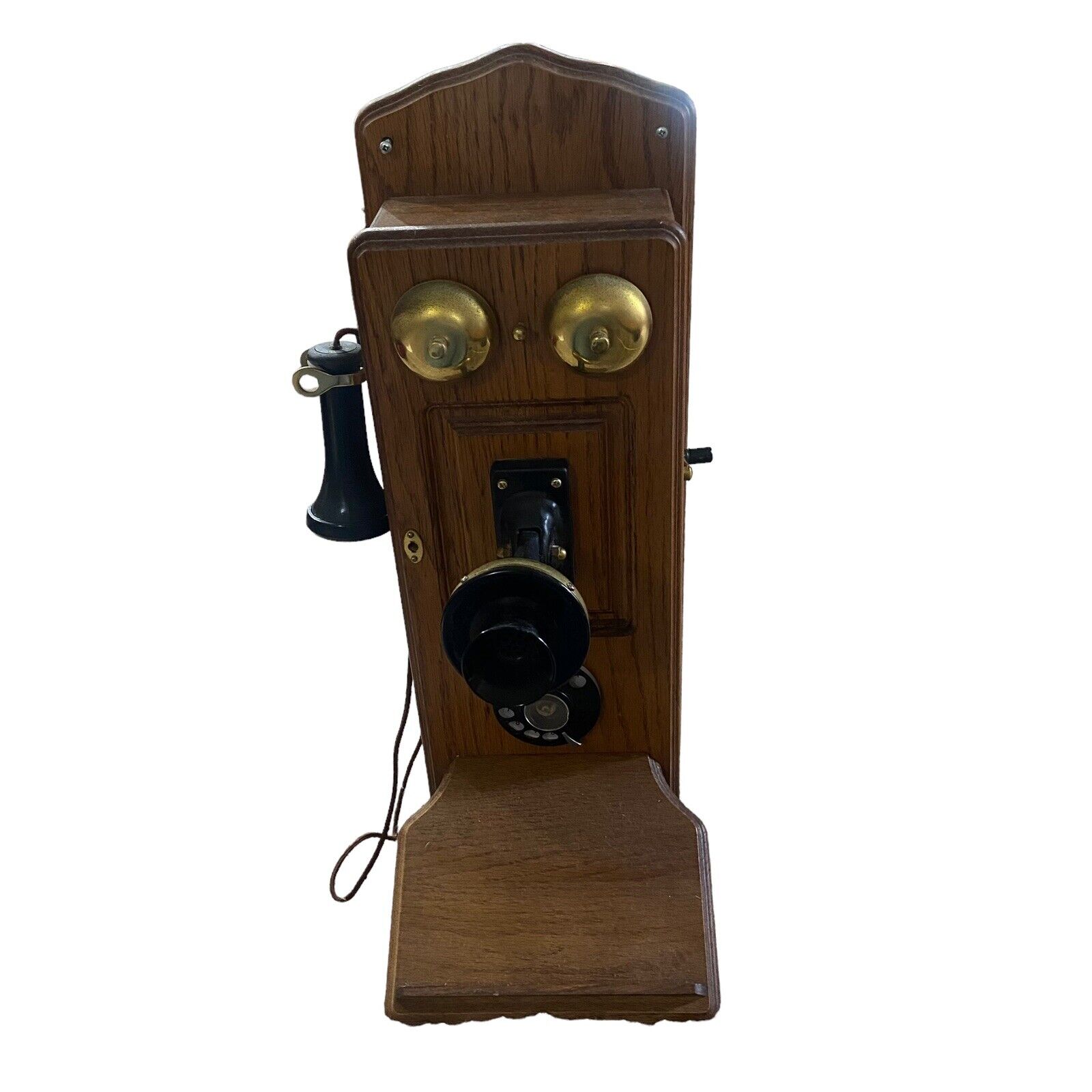 Antique Telefono Crank Wall Telephone Wood Oak Dual Bell Farmhouse Wall Decor