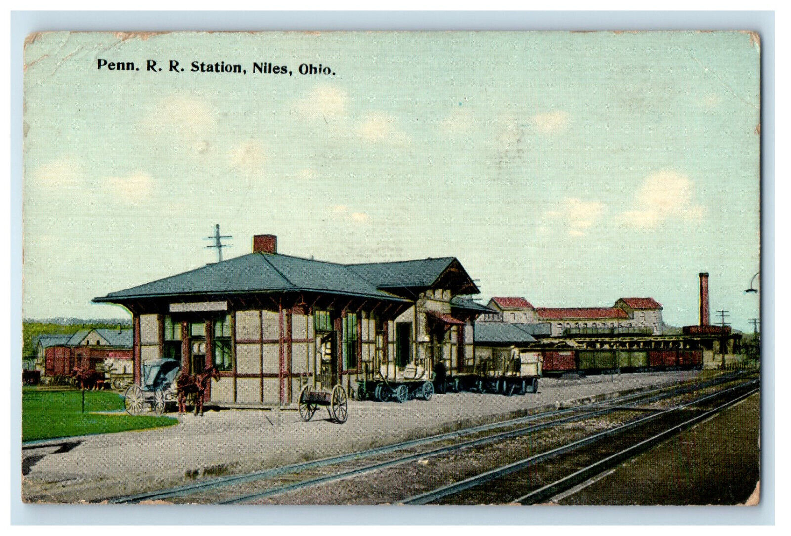1913 Horse Carriage, Railway, Penn Railroad Station Niles Ohio OH Postcard