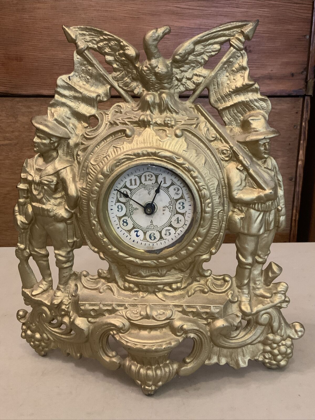 Vintage Antique Warner Army Navy Cast Iron Front Mantel Clock US American Eagle