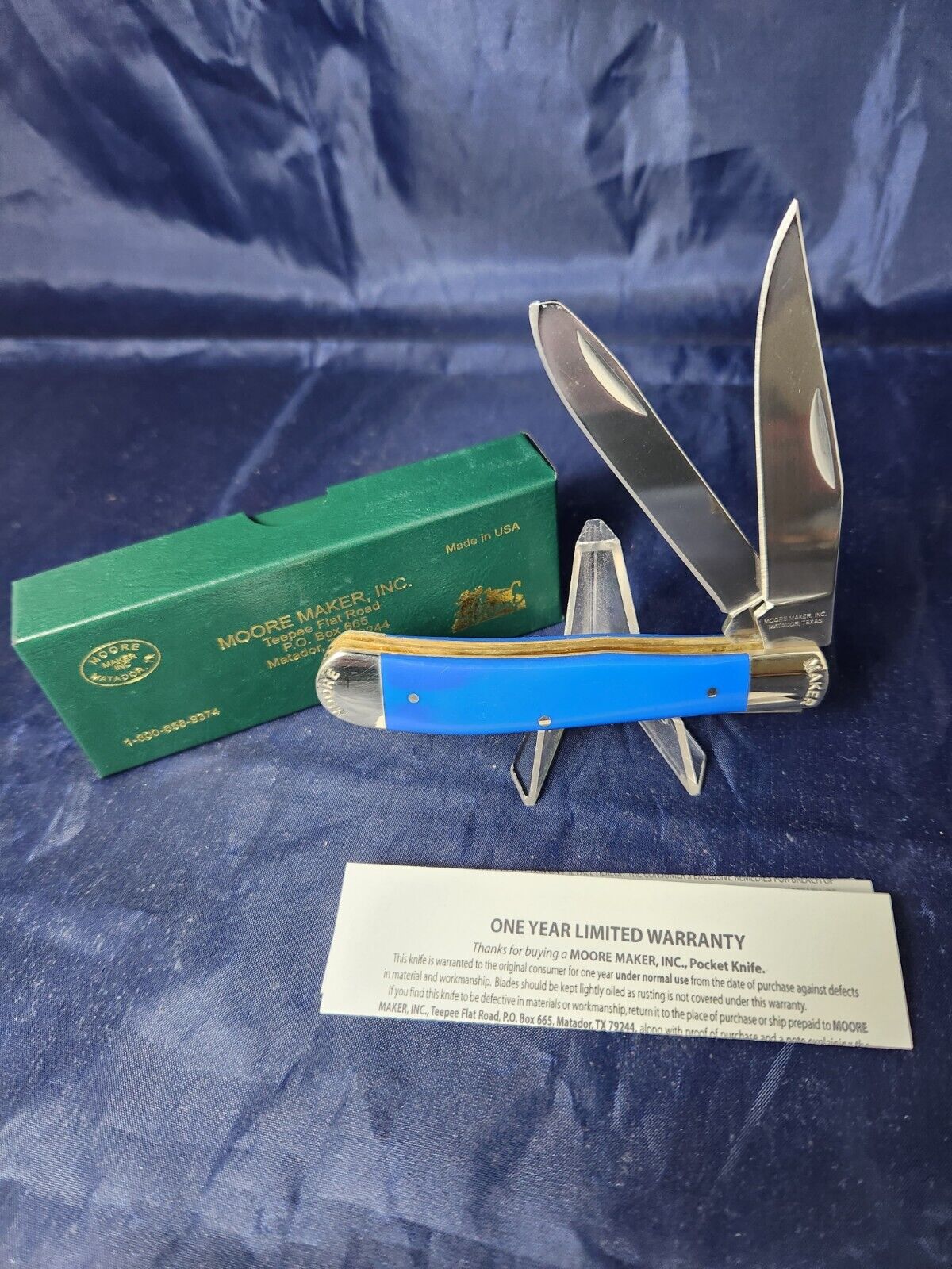 Moore Maker 3202 EB Full Size Trapper Knife Blue Delrin New in Box