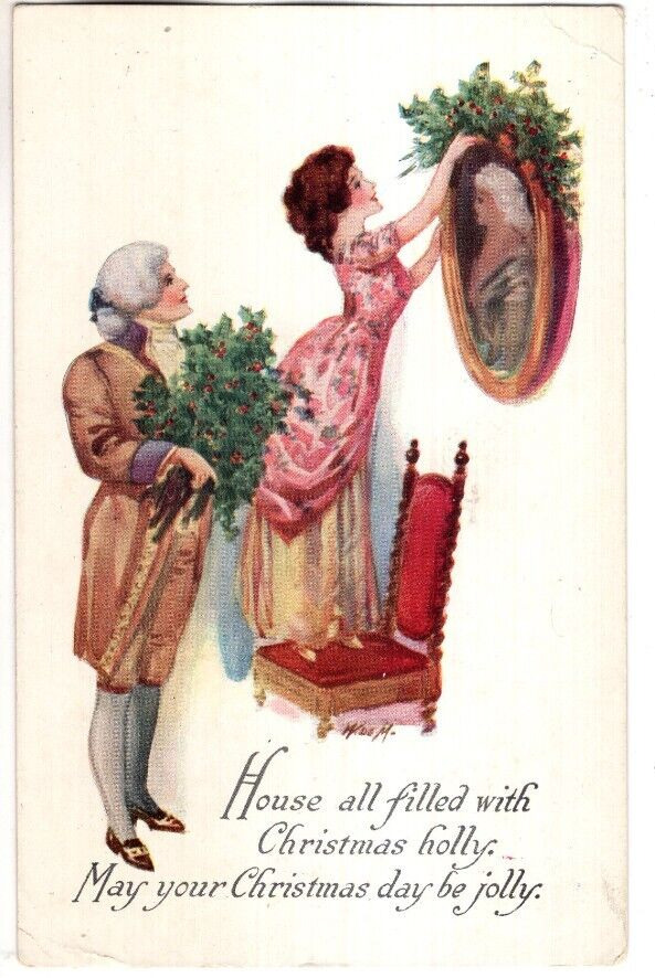 ANTIQUE A-S CHRISTMAS Postcard  LADY STANDING ON CHAIR, PLACING HOLLY ON PHOTO
