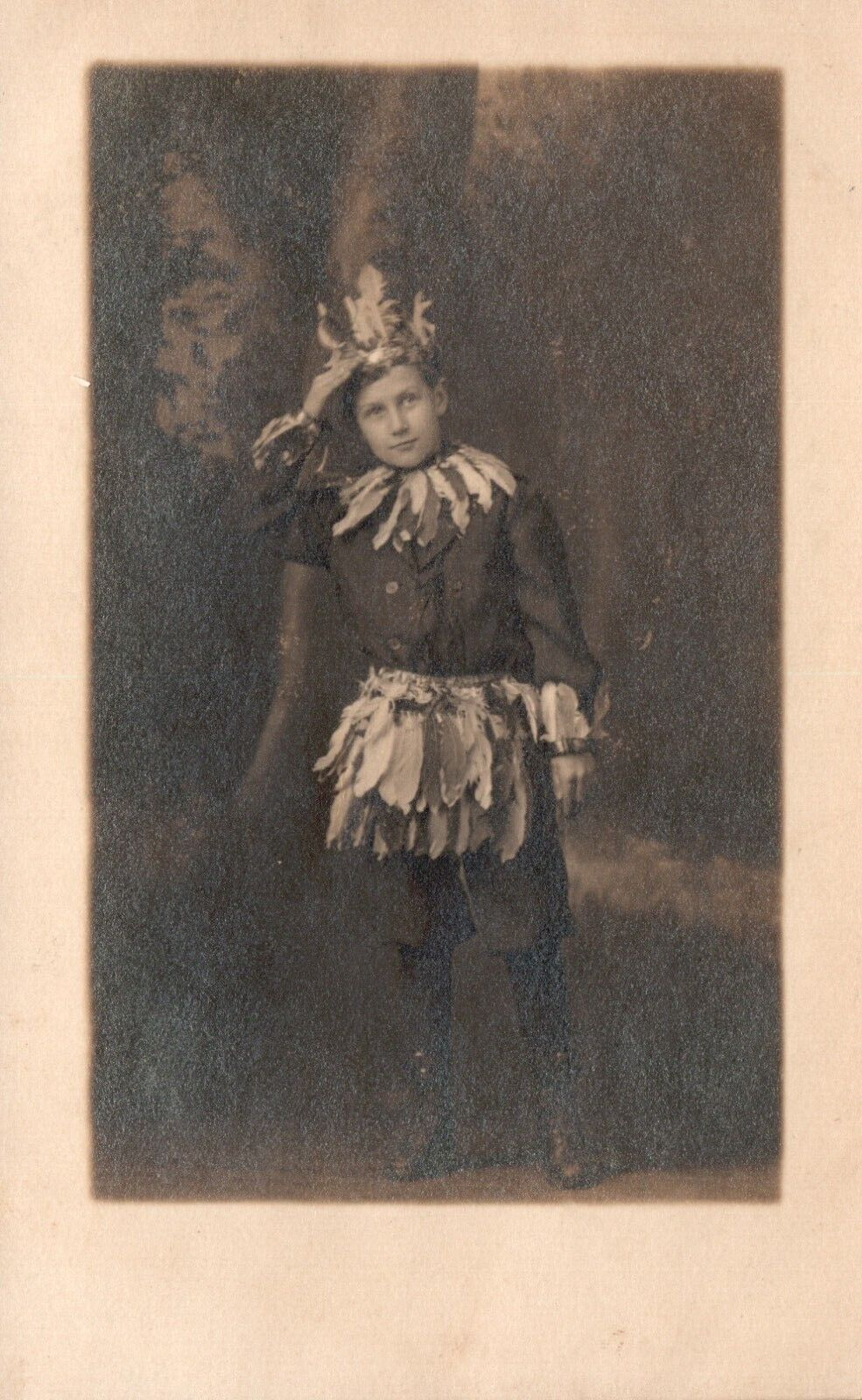 Postcard Young Boy with Colorful Feathers and Hat Portrait Real Photo RPPC