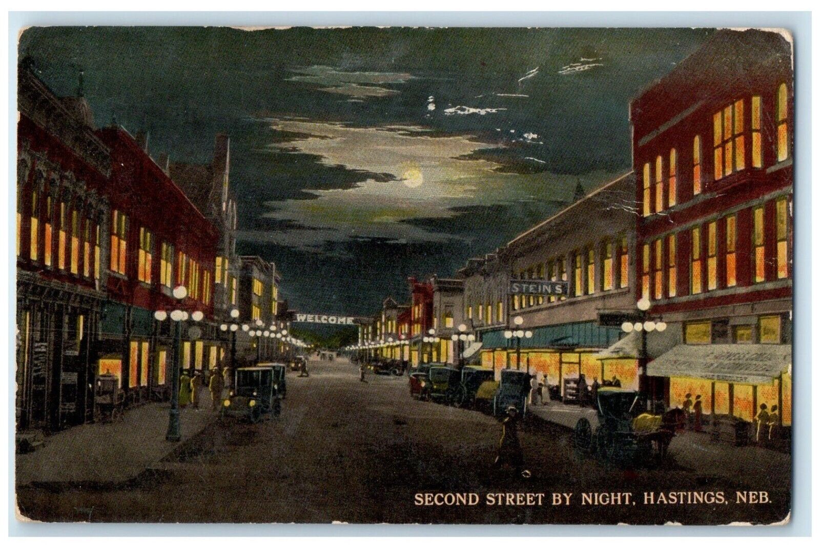 c1910 Second Street Night Moonlight Buildings Hastings Nebraska Vintage Postcard