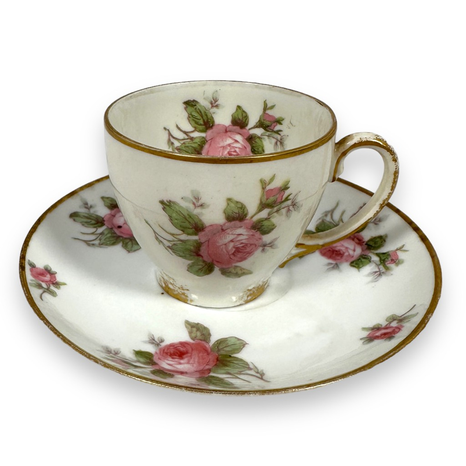 Vintage GDA Limoges Cup & Saucer Roses Porcelain White Pink Floral Gold France