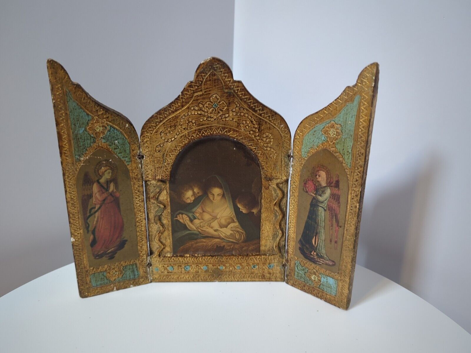 Vintage G.B. Florence Italy Triptych Maratta Adoration 2 Side Angels Gold Leaf