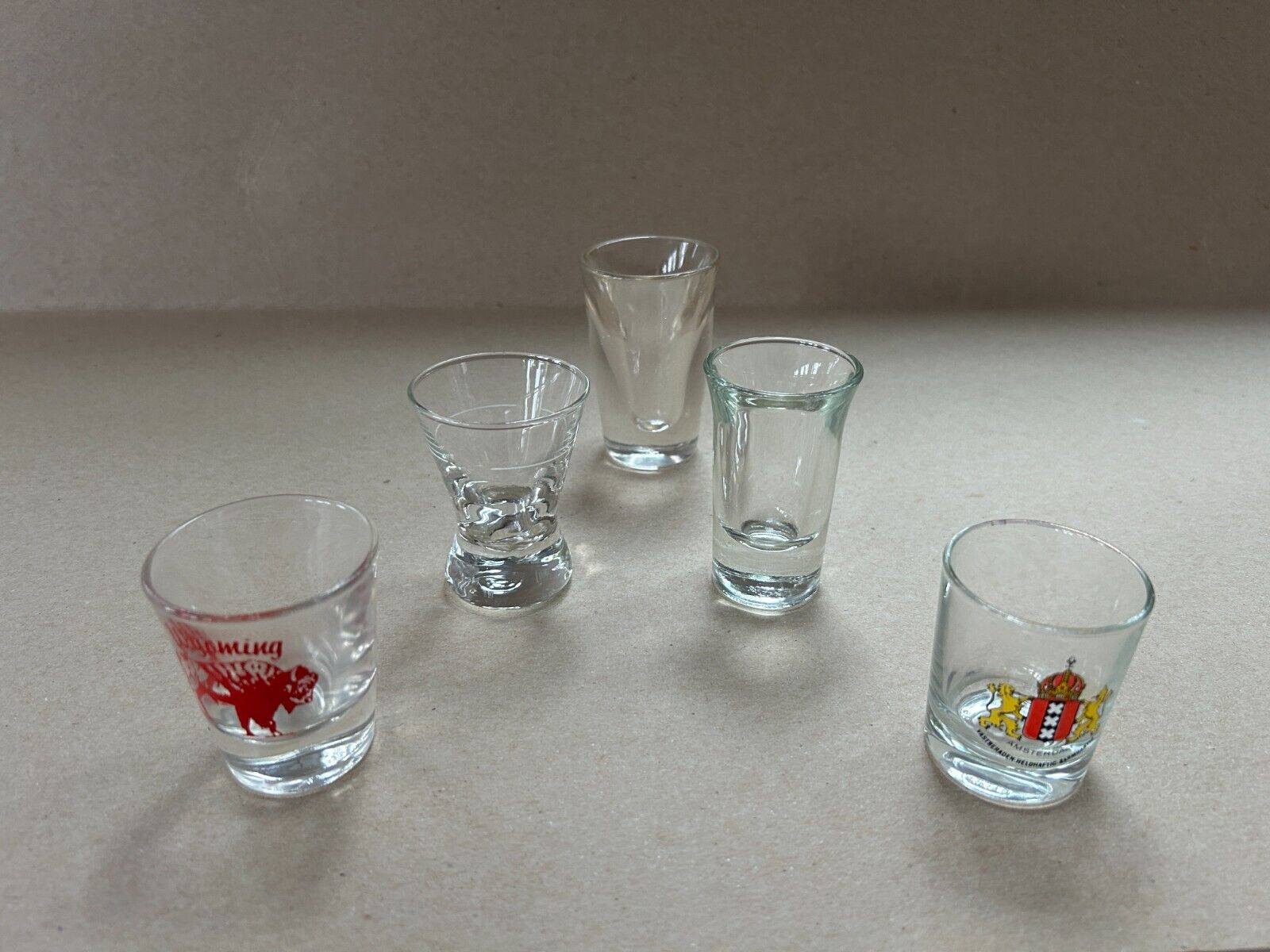 Lot Of 5 Vintage Shot Glasses Clear Weighted Base Assortment Souvenir