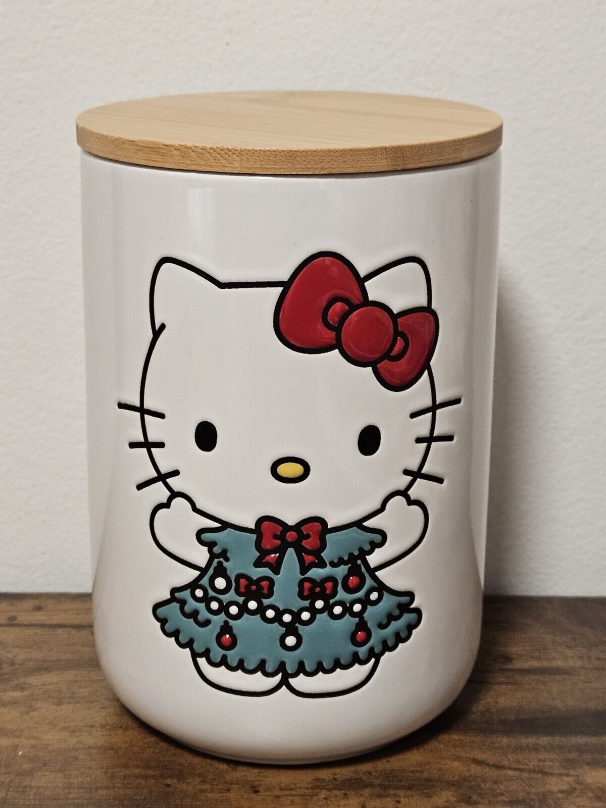 NWT SANRIO Hello Kitty IN Christmas Tree Dress Canister Bamboo Lid Double Sided