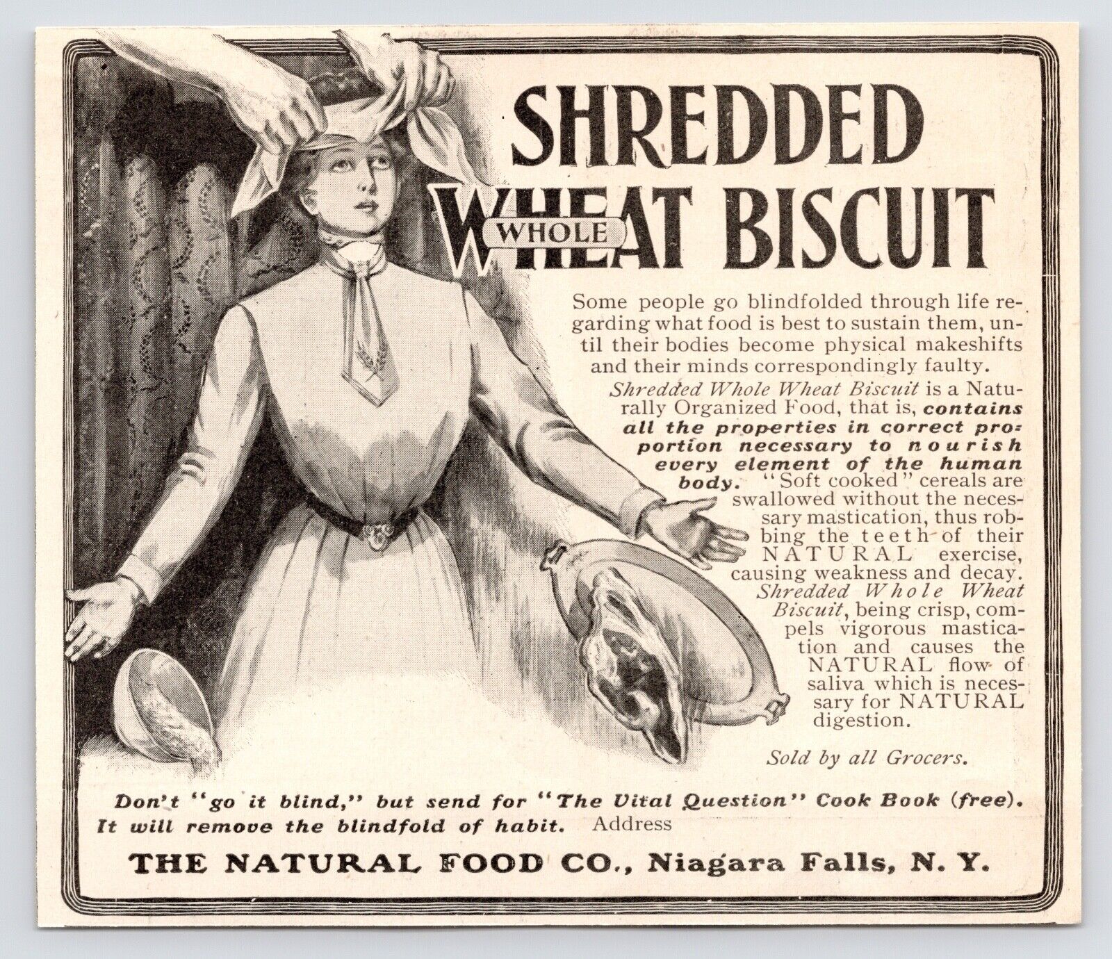 c1880s Shredded Wheat Biscuit TAKE OFF THE BLINDFOLD Food Art Antique Print Ad