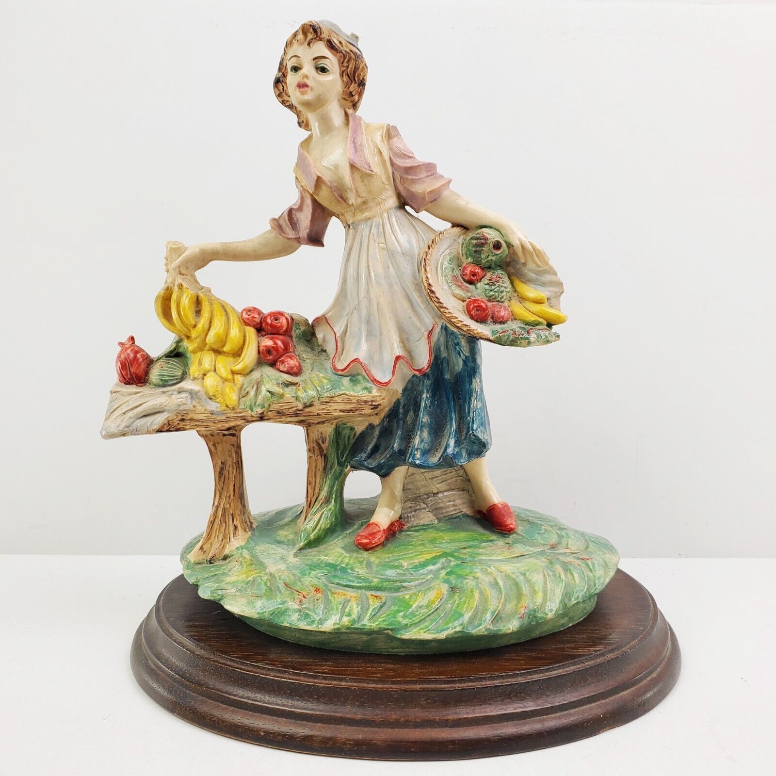 Capodimonte Style Italy Hand Painted Fruit Lady Woman Figure on Wood Base