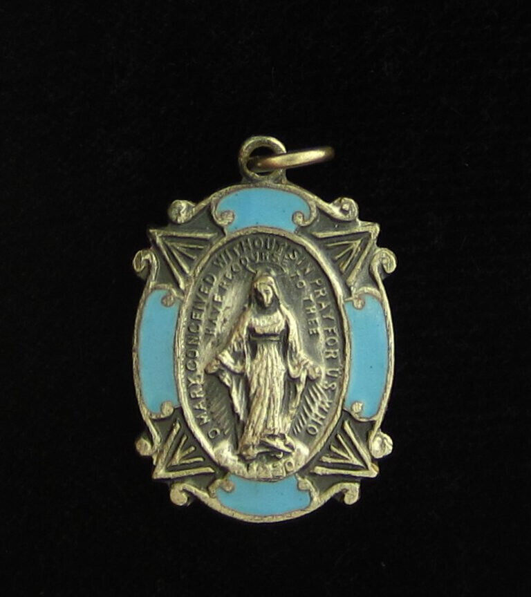 Vintage Mary Miraculous Blue Enamel Medal Religious Holy Catholic