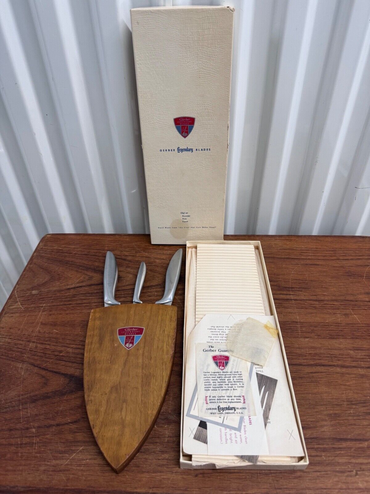 Vintage Mid Century Gerber Knives Chef Set W/ Wood Wall Shield