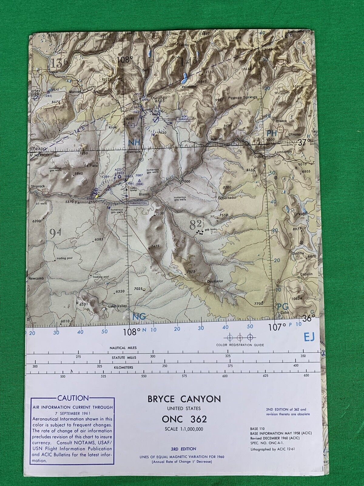 Vintage Bryce Canyon ONC 362 Aeronautical Aviation Chart Map, 2nd Ed 1961