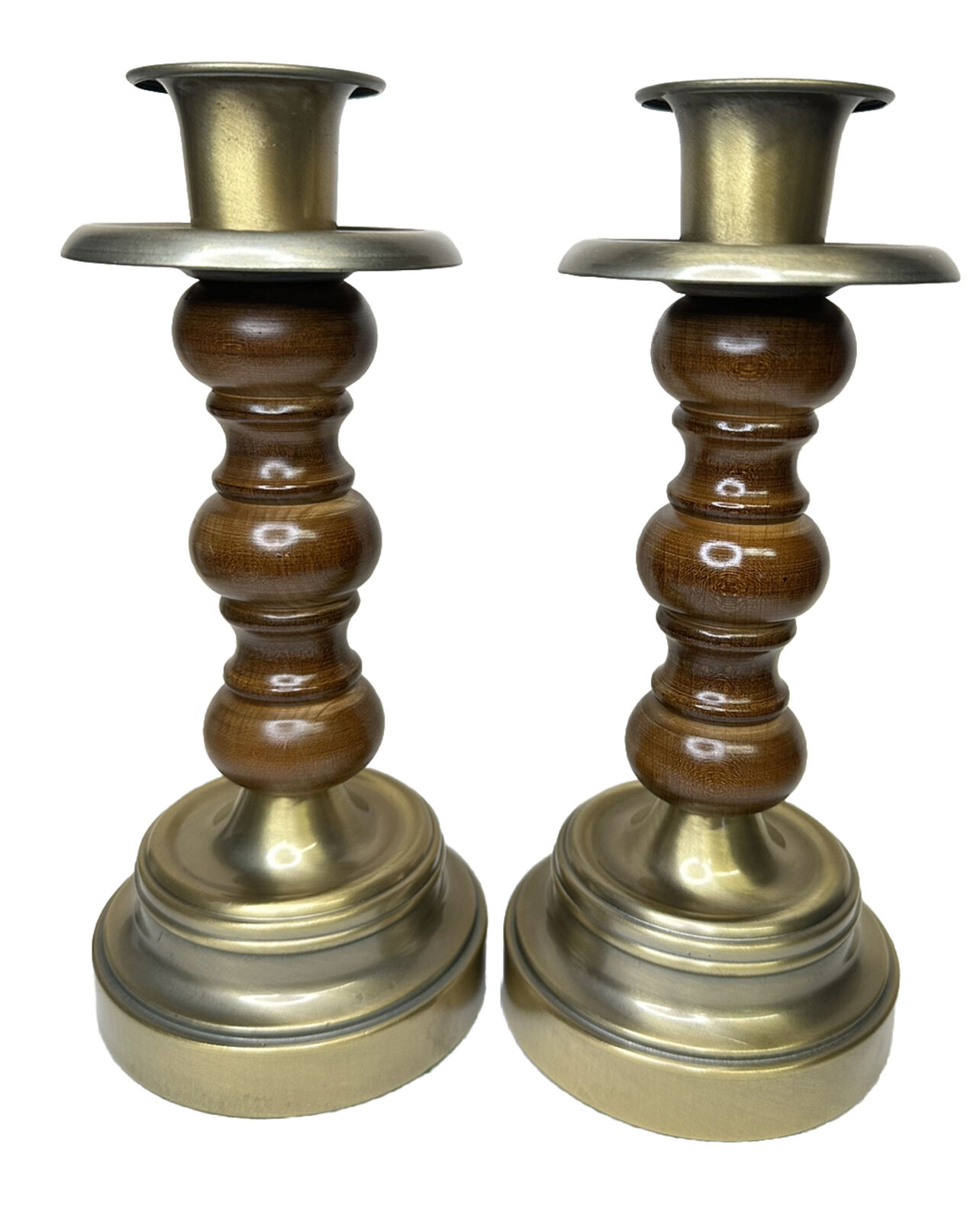 Set Of  2  Matching Vtg Antique Brass & Wood Taper Candle Stick Holders 9.5”