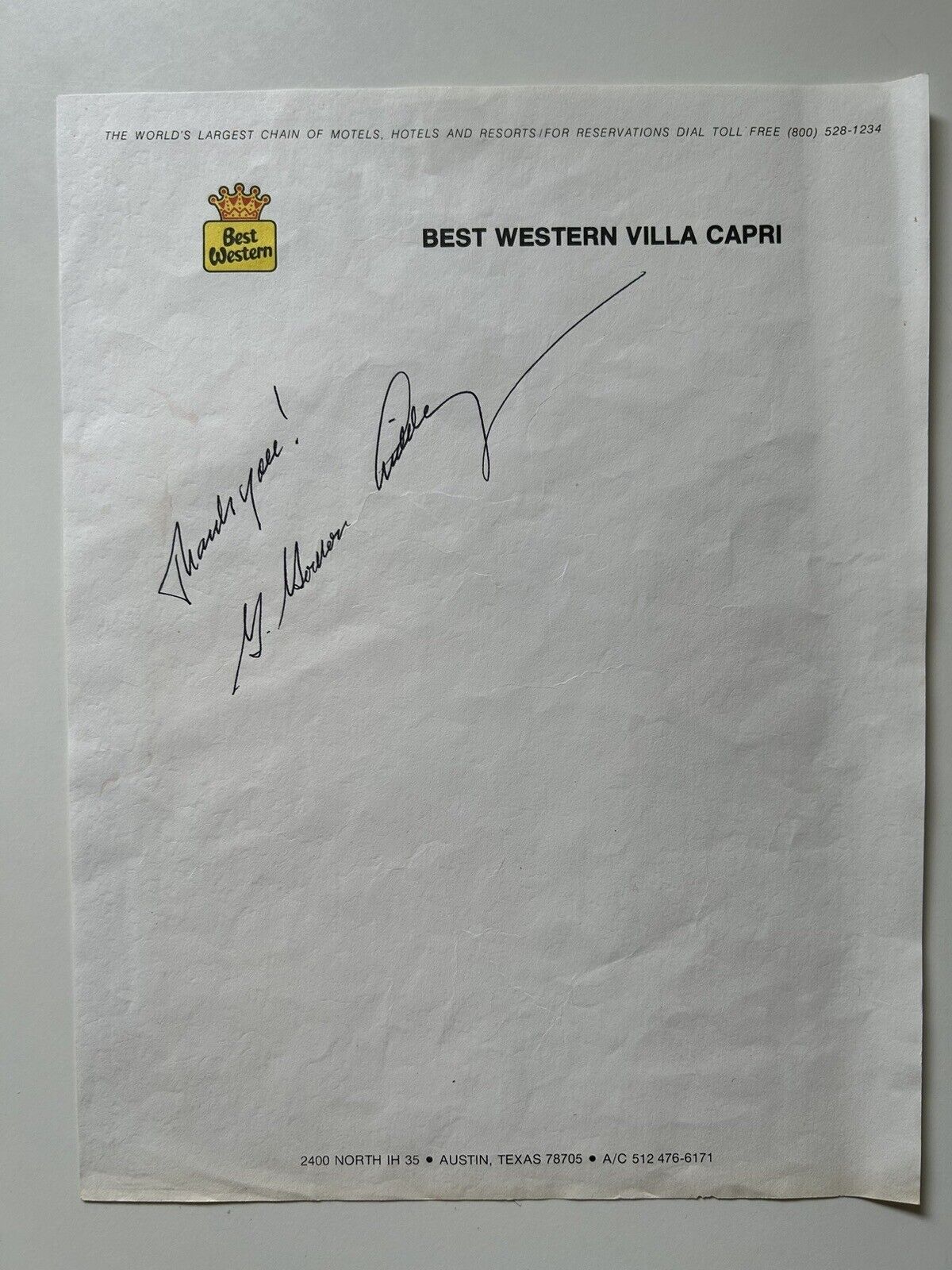 G Gordon Liddy Autograph On Best Western Villa Capri Hotel Stationary Austin TX