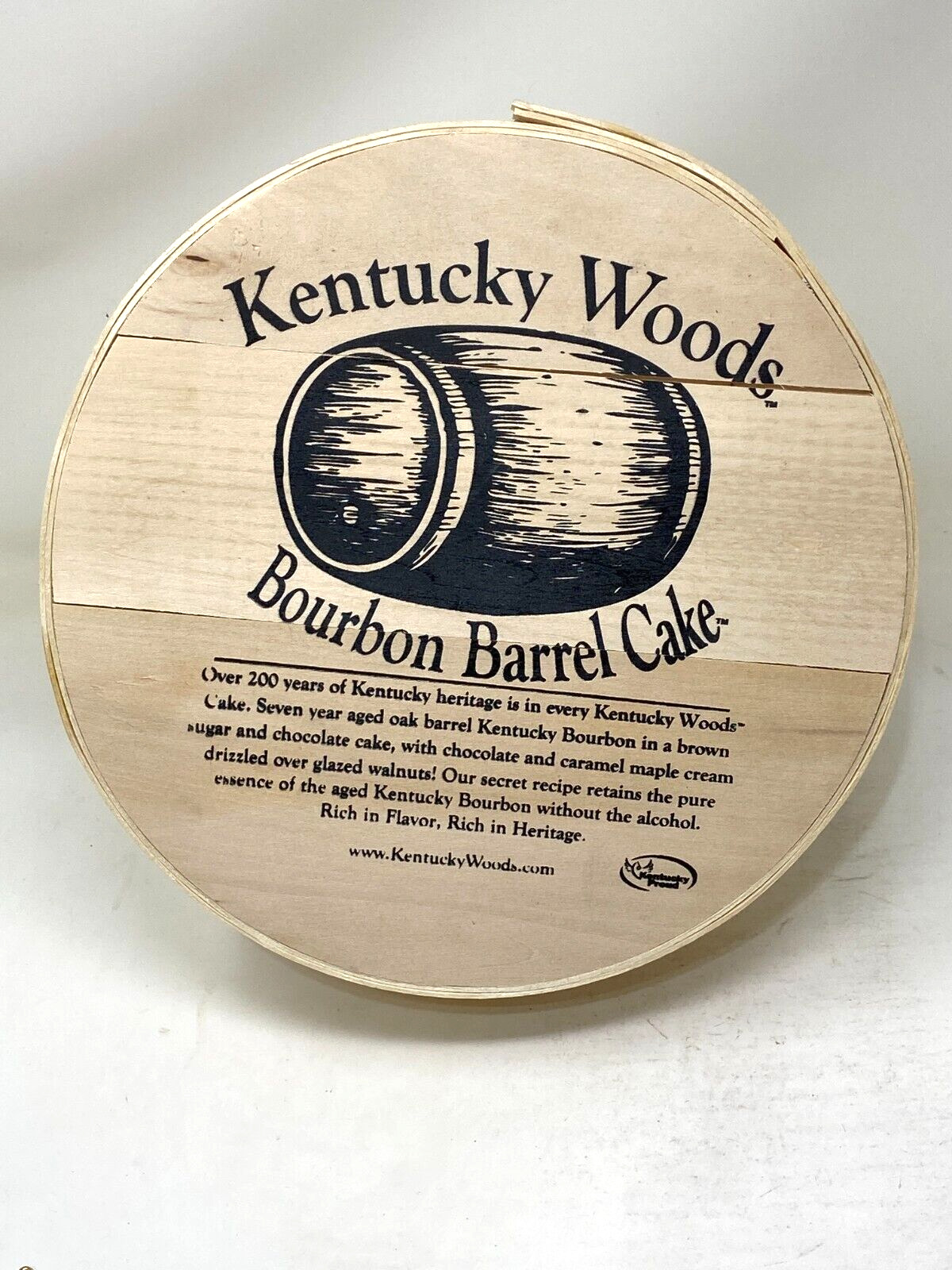 Kentucky Woods Bourbon Round Wood Box Lid Barrel Cake 11” NO CAKE -MINT