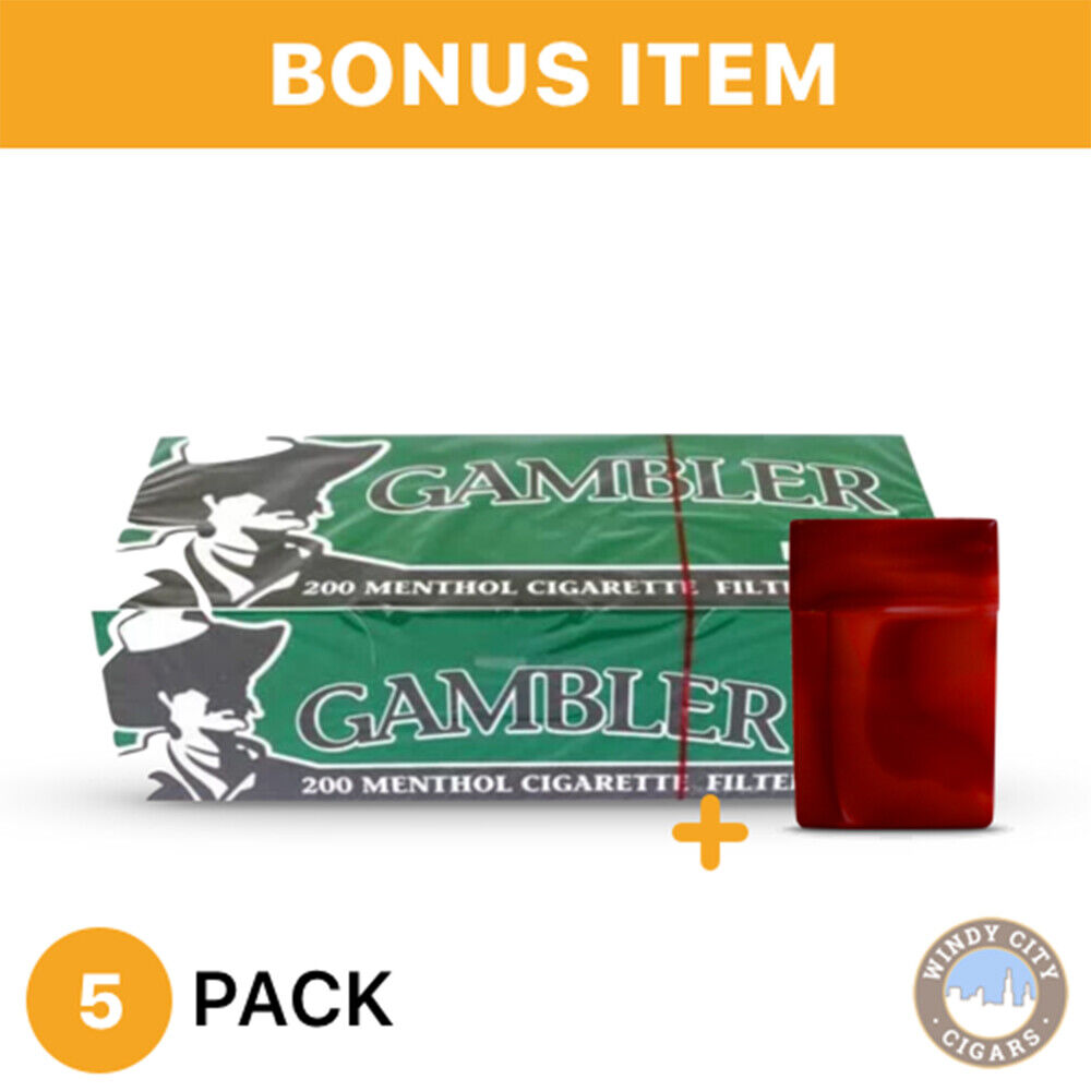 Gambler Cigarette Filter Tube Tobacco Menthol Light 100mm - 5 Boxes & Bonus Case