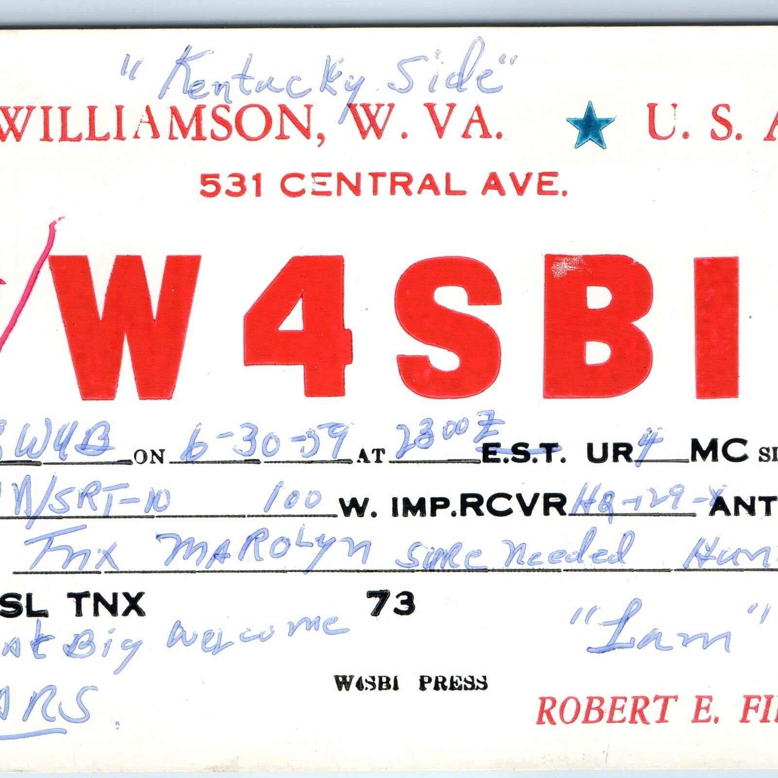 1959 Williamson, W. VA. Amateur Ham CB Radio QSL Postcard Robert Fields WV  A209