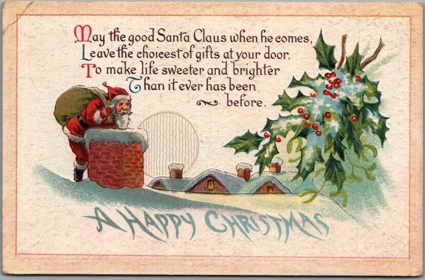 Vintage HAPPY CHRISTMAS Greetings Postcard SANTA CLAUS at Chimney / c1910s