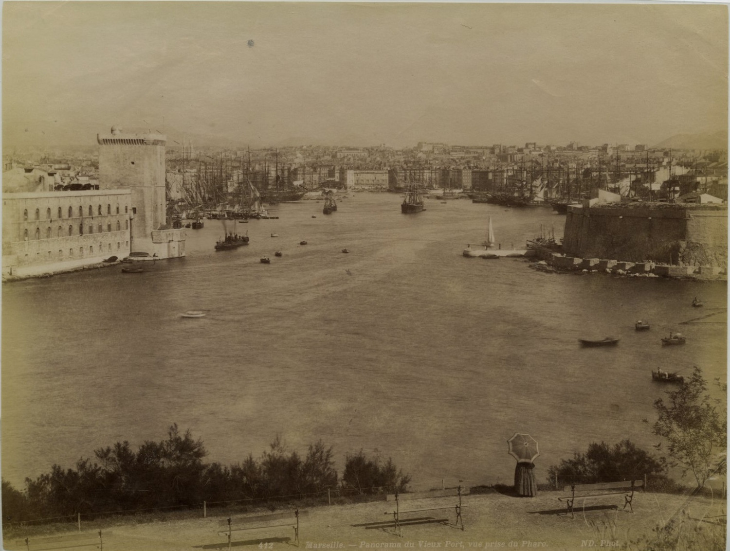 N.D. France, Marseille, panorama of the Old Port vintage albumen print, France T